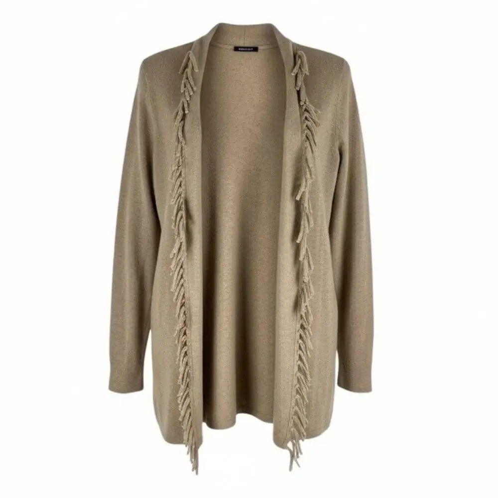 Magaschoni 100% Cashmere Fringe Trim Open Front Cardigan Brown Size XS